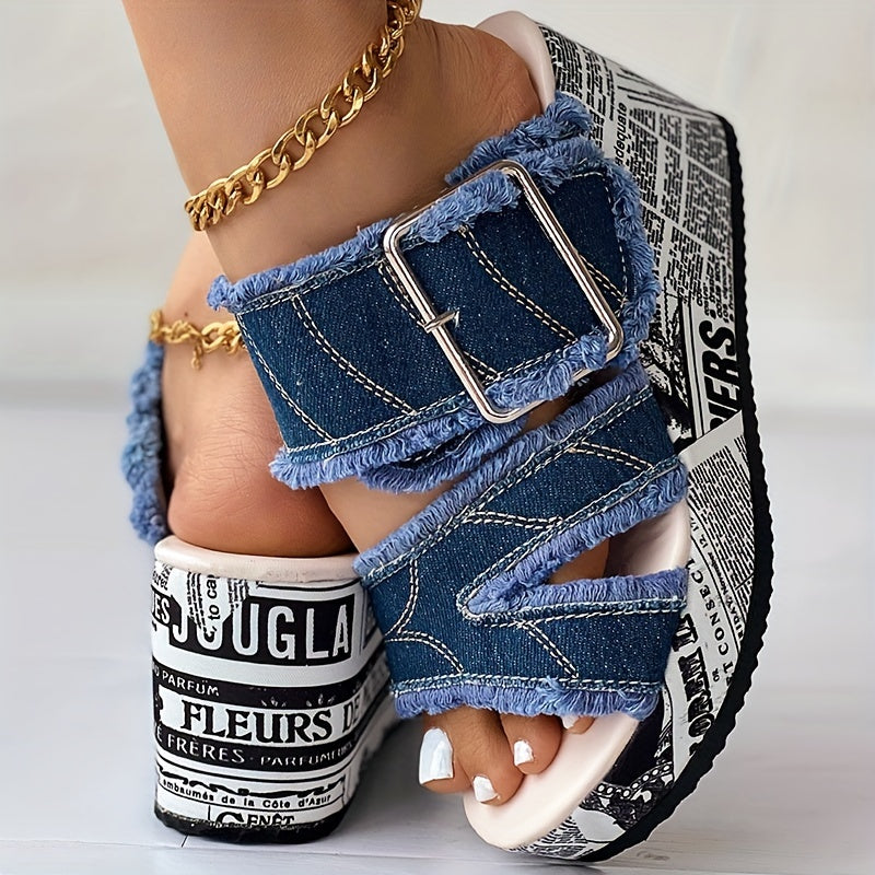 Women's Letter Print & Denim Canvas Sandals, Slip-on Buckle Wedge Heel Shoes, Fashion & Summer Women's Shoes